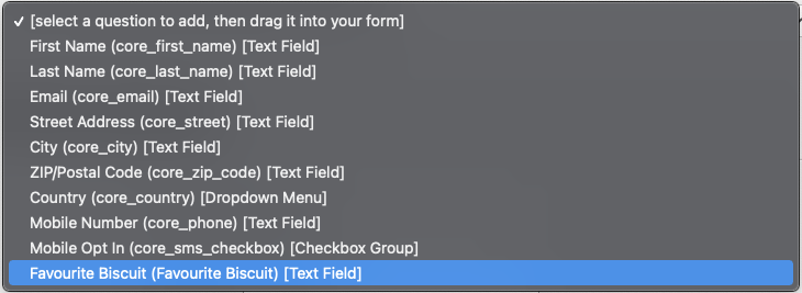 An image of the drop-down list of questions with Favourite Biscuit highlighted.