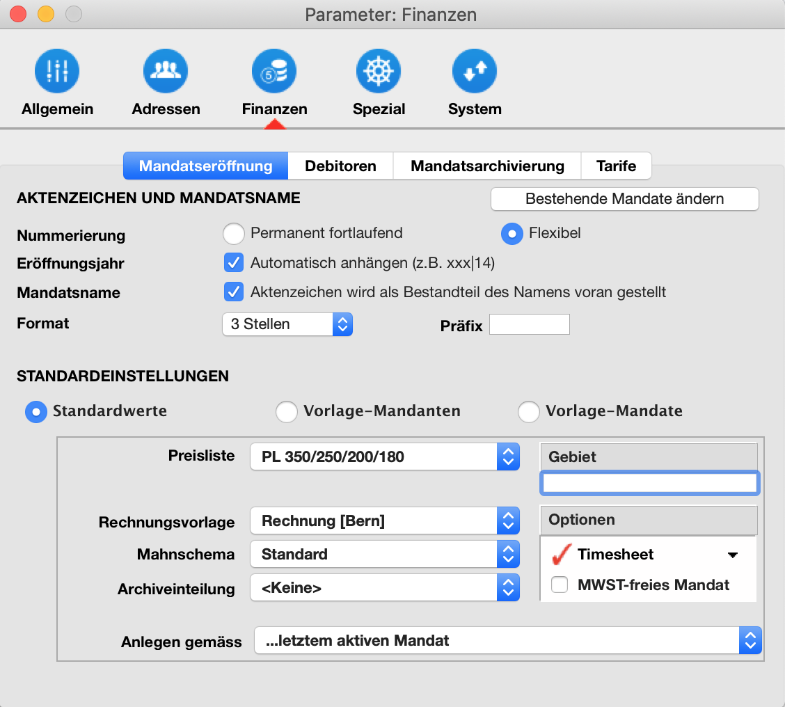 Settings for opening a mandate