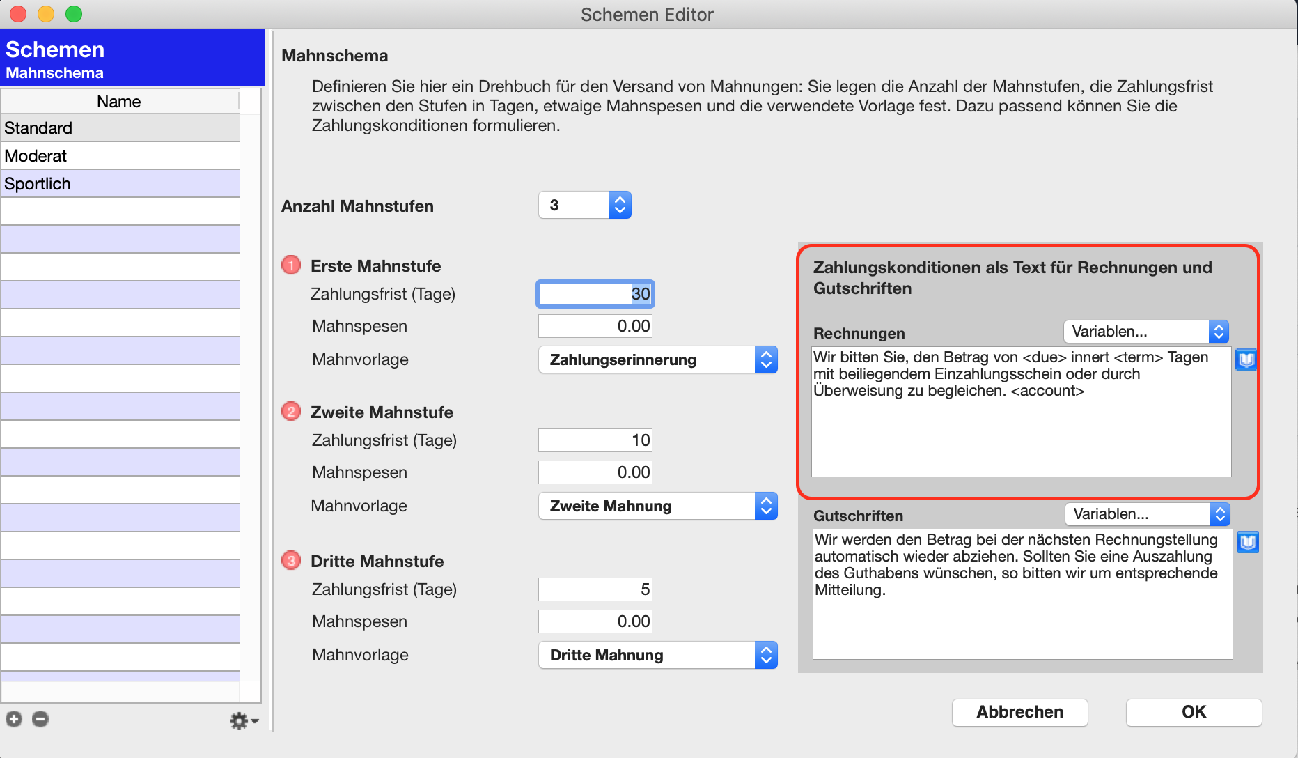 Zahlungskonditionen anpassen