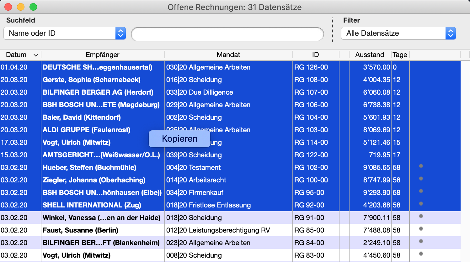 Adressen kopieren aus Liste