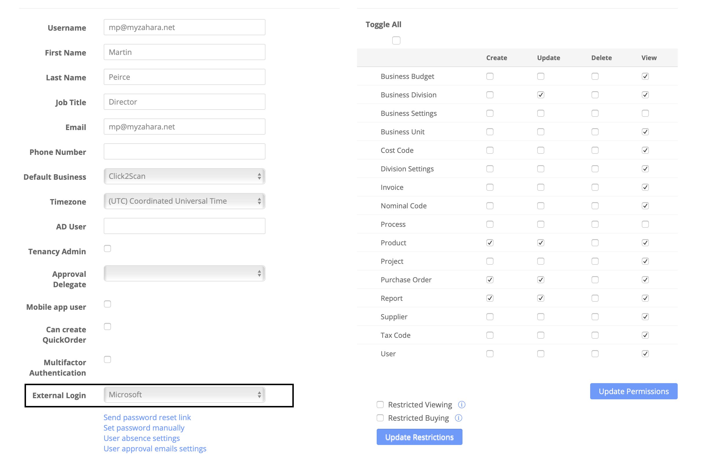 Screenshot showing the external login button in the user settings