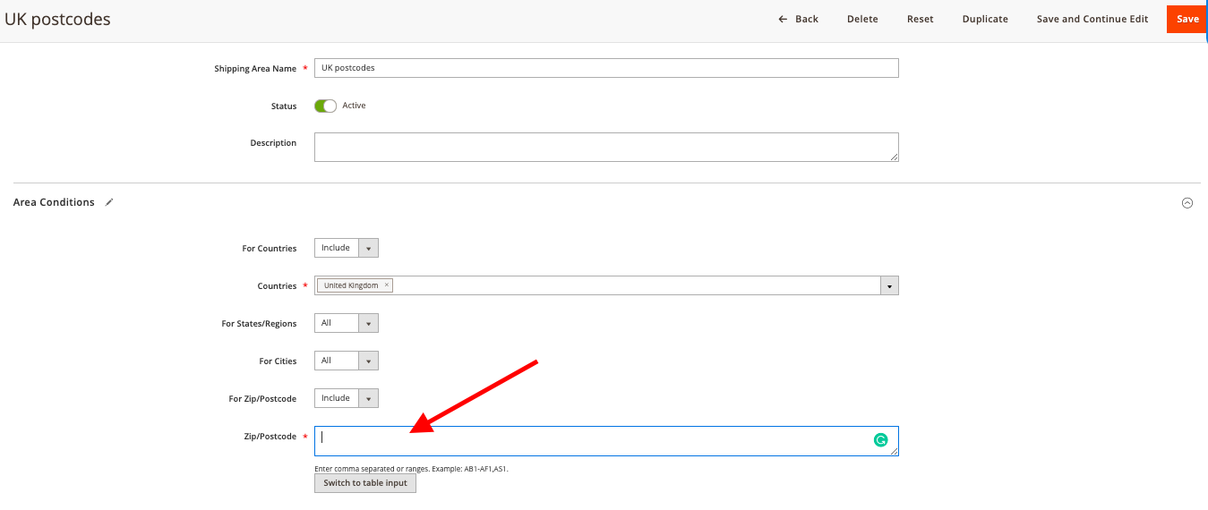 How many postcodes can be added to the Shipping Area?