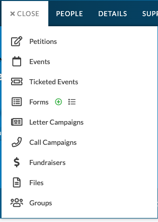 An image of the Actions menu showing a green plus icon next to the word Forms.