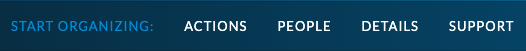 The Start Organizing Menu, showing options for Actions, People, Details, and Support.