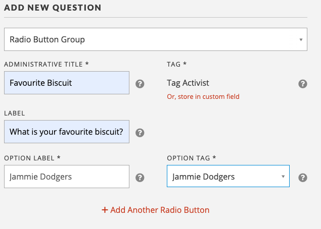 The ADD NEW QUESTION screen filled in with options for a single radio button response.