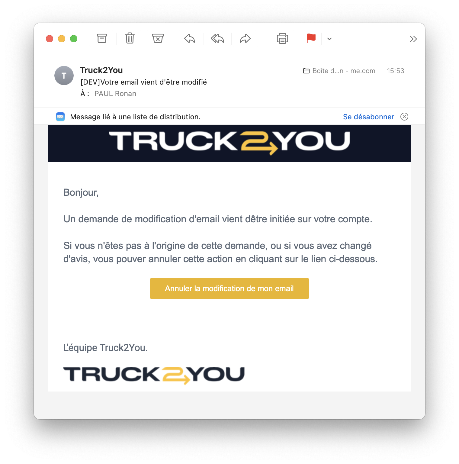 Mon profil - modification e-mail - notification ancienne adresse