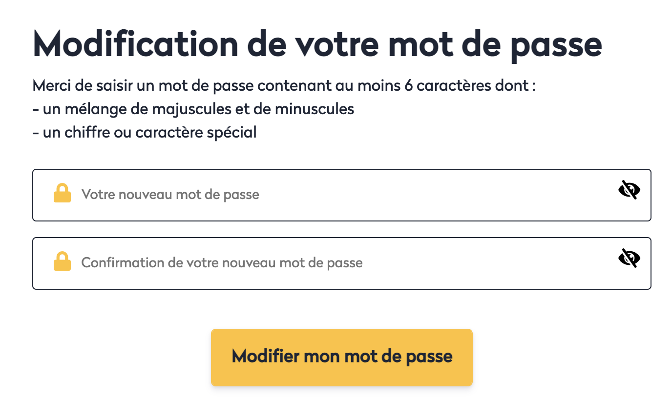 Mon profil - modifier mot de passe - saisie nouveau mot de passe