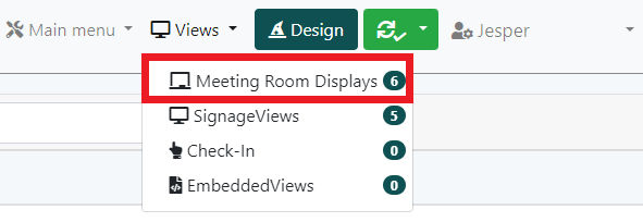 Dropdown menu under 'Views' tab showing the option 'Meeting Room Displays' with a count of 6.