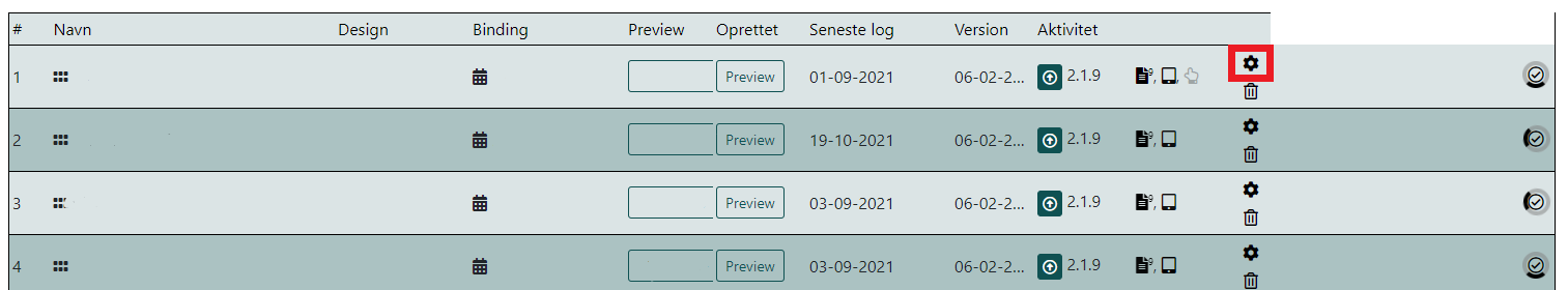 Table displaying meeting room displays with columns for name, design, binding, preview, created date, last log, version, and activity, including a delete option.