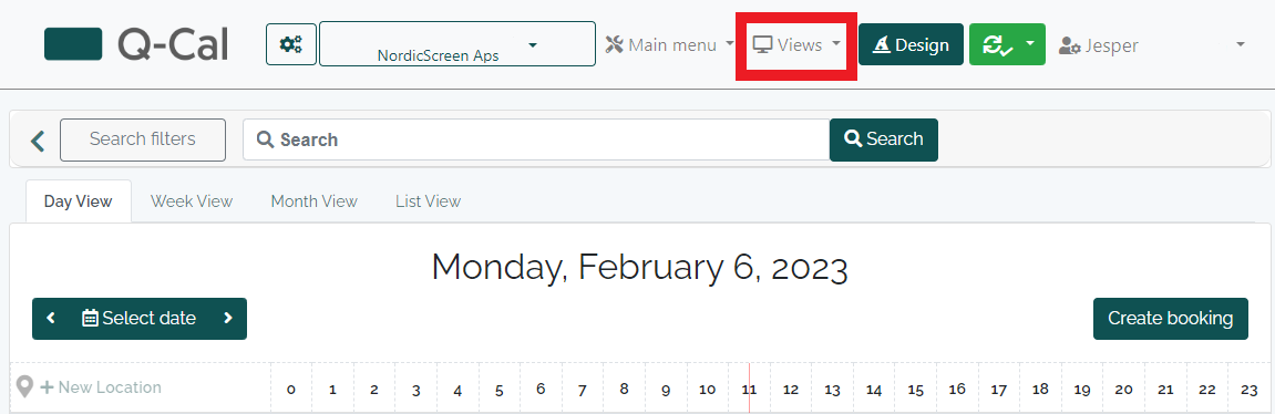 Interface of the Q-Cal scheduling system with 'Views' tab highlighted in the main menu.