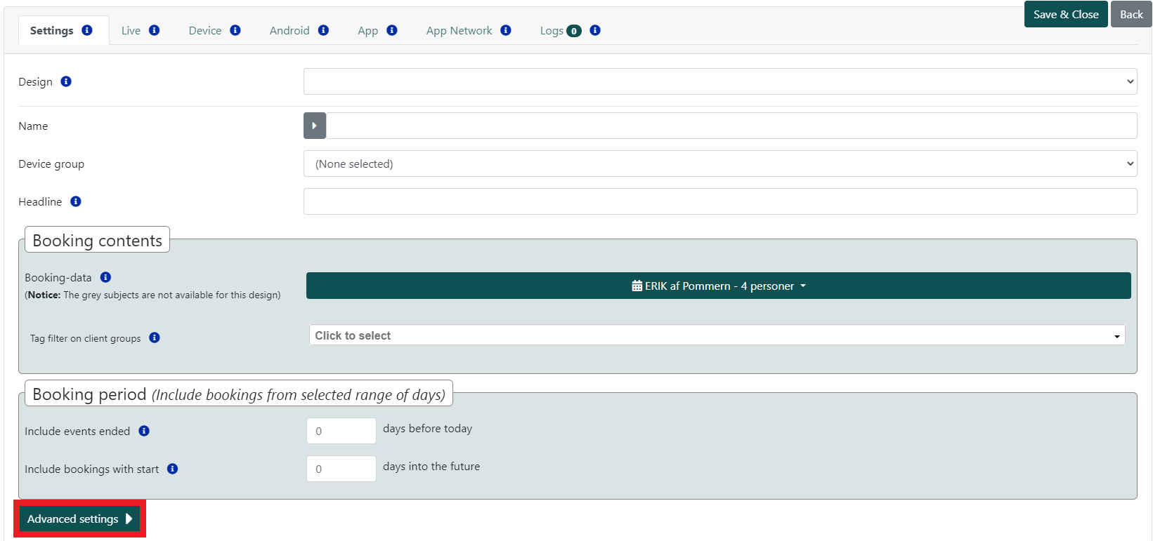 Interface for configuring display settings showing sections for design, name, device group, headline, booking contents, and booking period with an option for advanced settings.