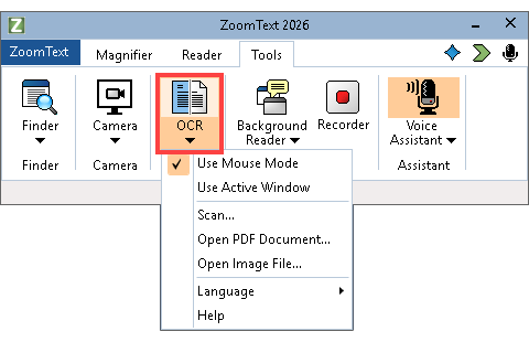 The OCR button on the Tools toolbar. The bottom half of the button is selected and shows a dropdown list of different OCR options. 