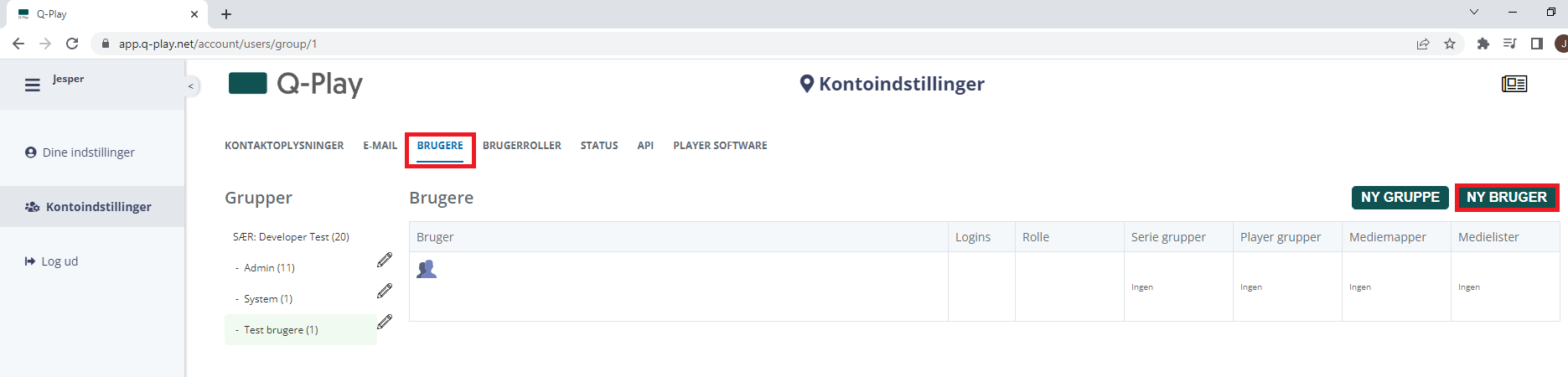 Q-Play user interface displaying 'Jesper's' account menu, with 'Users' tab selected, and options for 'New Group' and 'New User' in red buttons on the right.