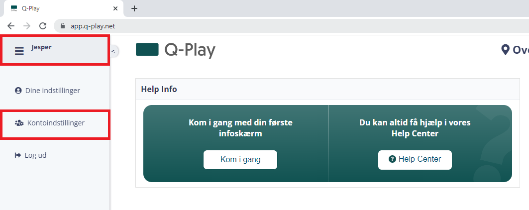 User interface of Q-Play with navigation menu open showing 'Jesper' as the user, 'Account settings' highlighted, and 'Help Info' section with options to start with the first info screen and access the Help Center