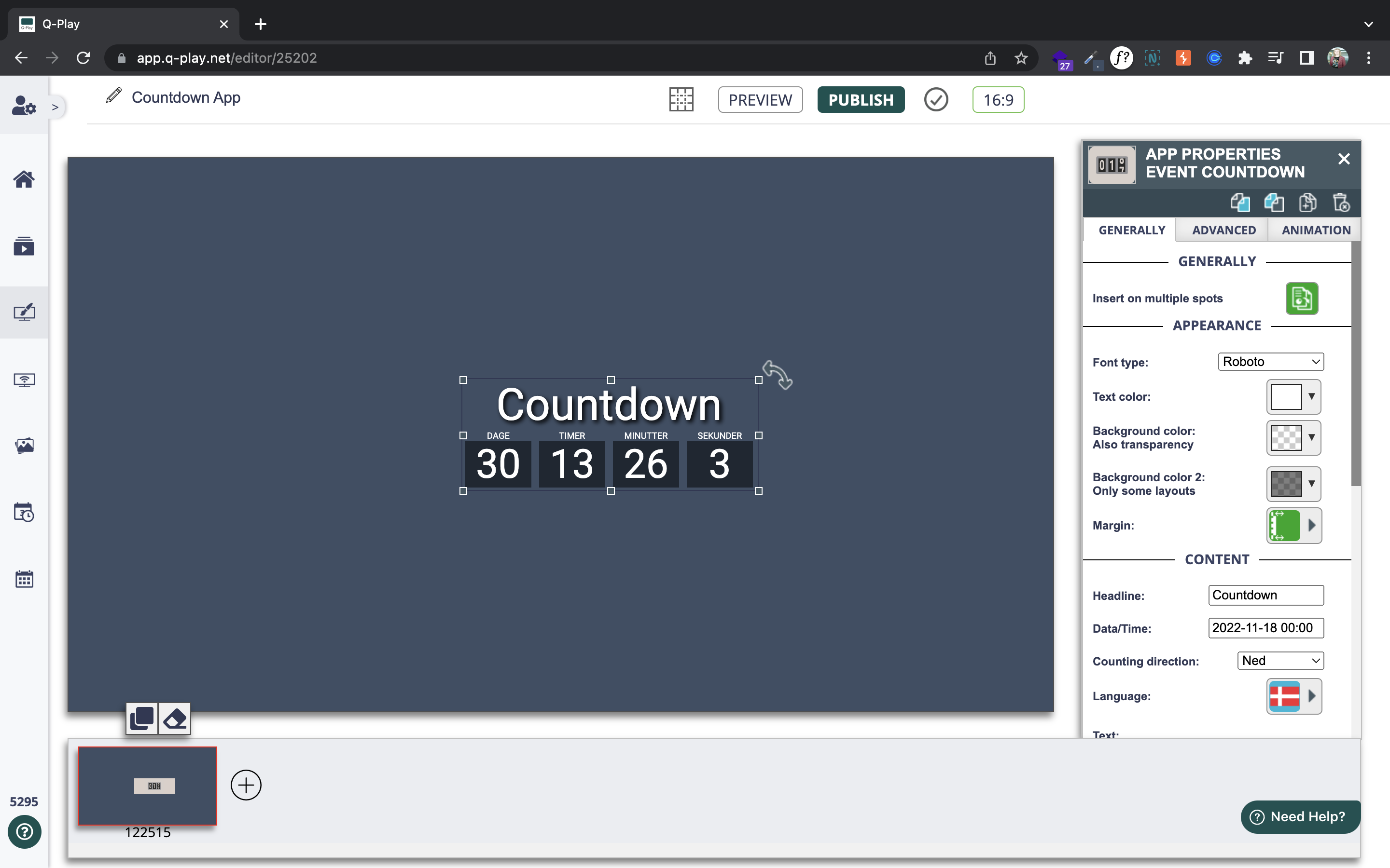 Editing interface showing a countdown timer with 30 days, 13 hours, 26 minutes, and 3 seconds remaining.