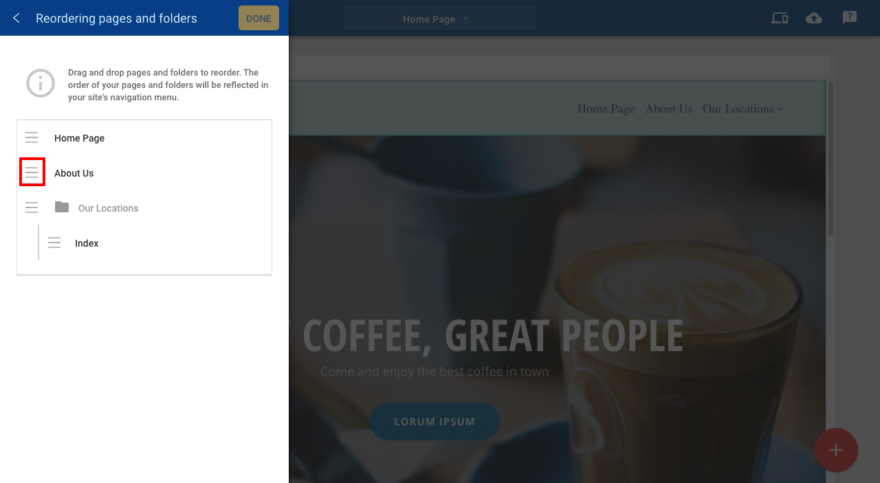 Re-order pages and folders