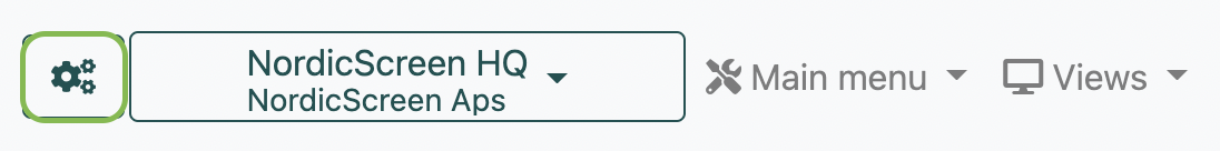 NordicScreen HQ user interface header with settings icon, main menu, and views dropdown options.