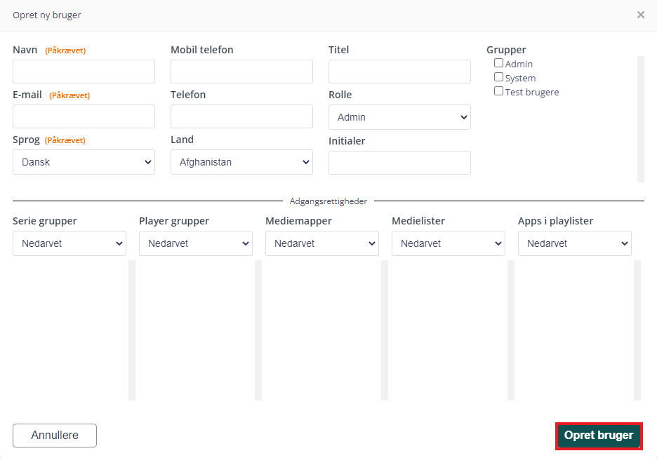 Create new user form in Q-Play with required fields for name, email, language selection set to Danish, and roles, with a 'Create User' button at the bottom.