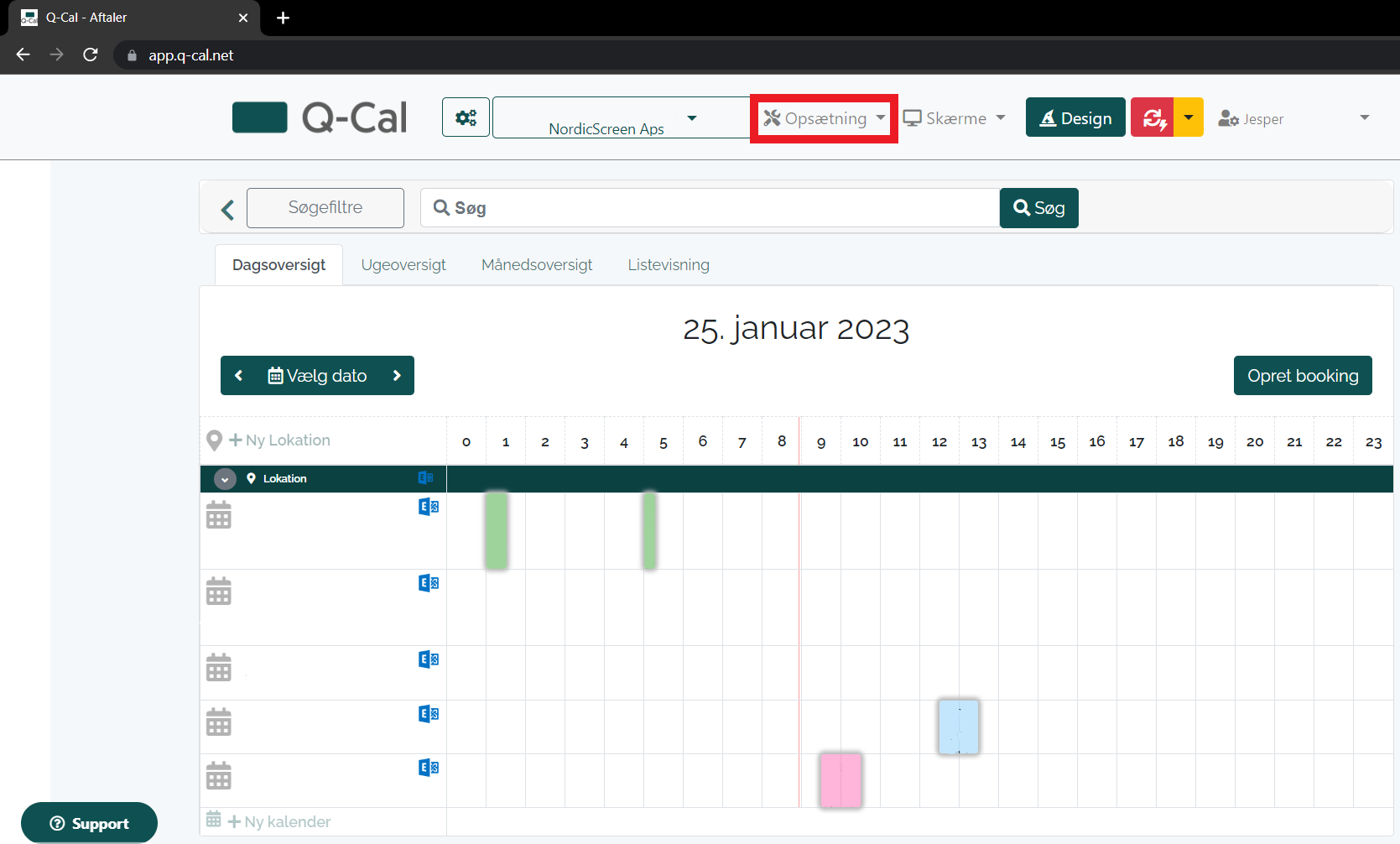 Q-Cal scheduling interface displaying a daily view with several time slots, some booked, on the 25th of January 2023.