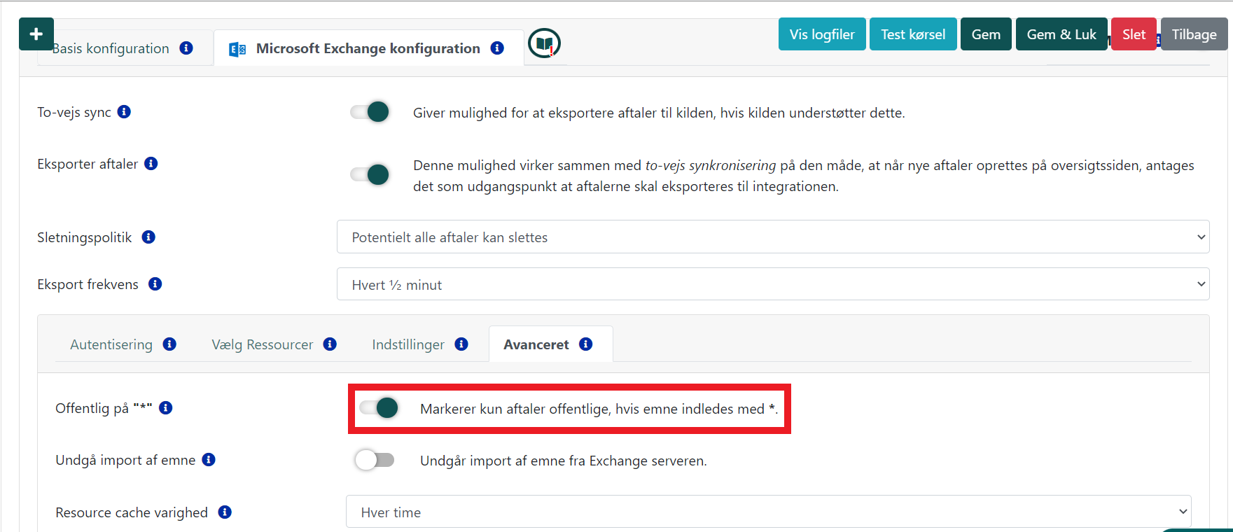 Configuration panel in Q-Cal with Microsoft Exchange settings for appointment export and two-way synchronization options.