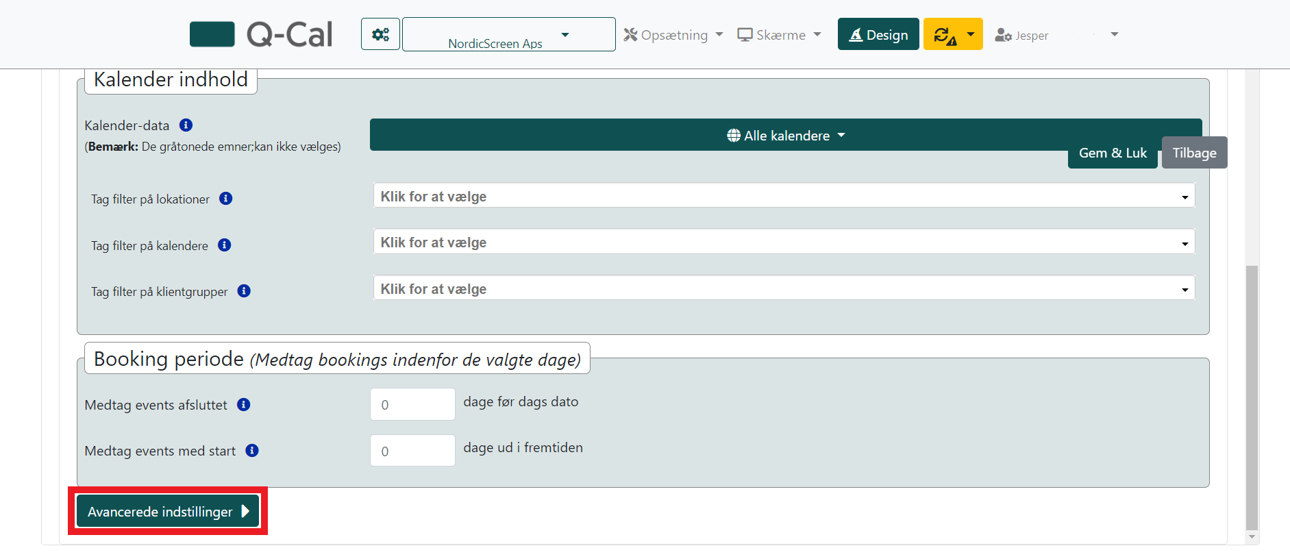 Q-Cal booking system's calendar content settings with advanced options for filtering locations, calendars, and client groups.