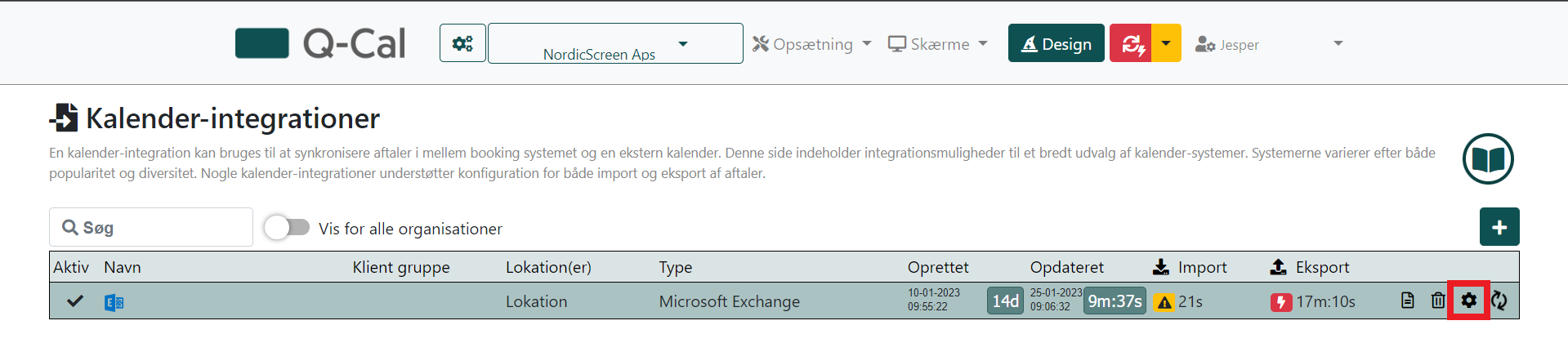 Q-Cal interface showing Calendar Integrations section with Microsoft Exchange connection options for synchronization.