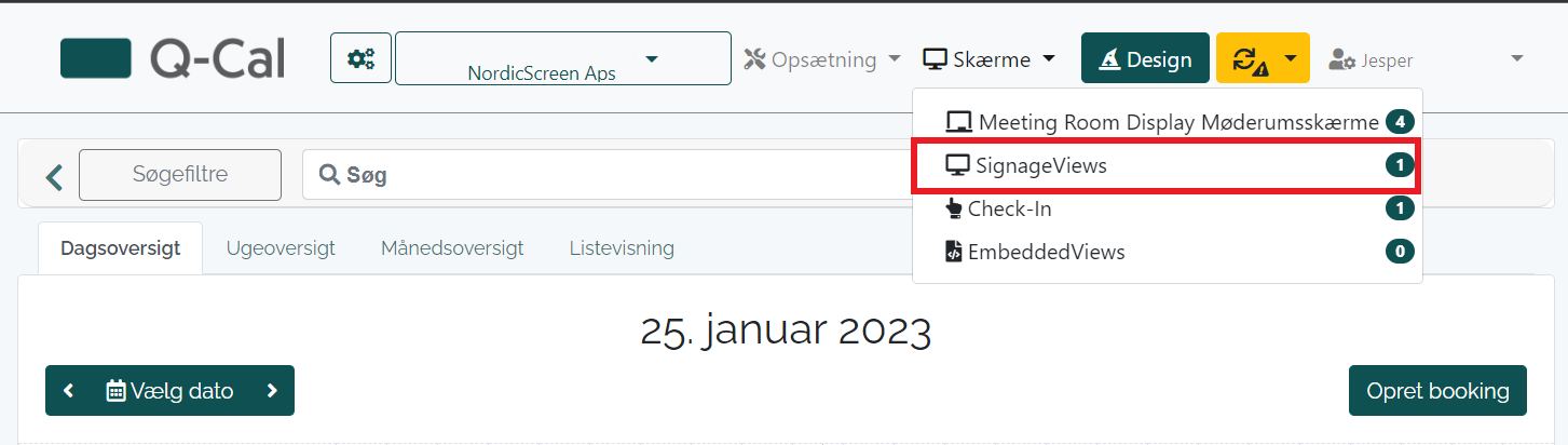 Q-Cal interface with expanded 'Screens' dropdown menu showing 'SignageViews' option for digital signage management.