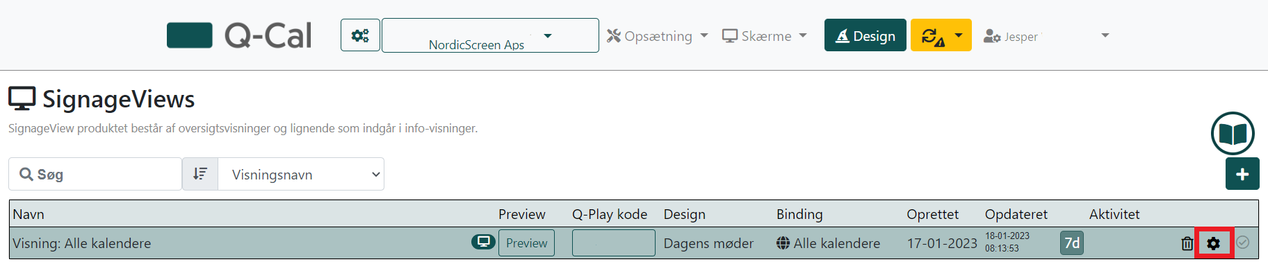 Q-Cal SignageViews management interface with options for digital signage displays, including preview and calendar binding features.