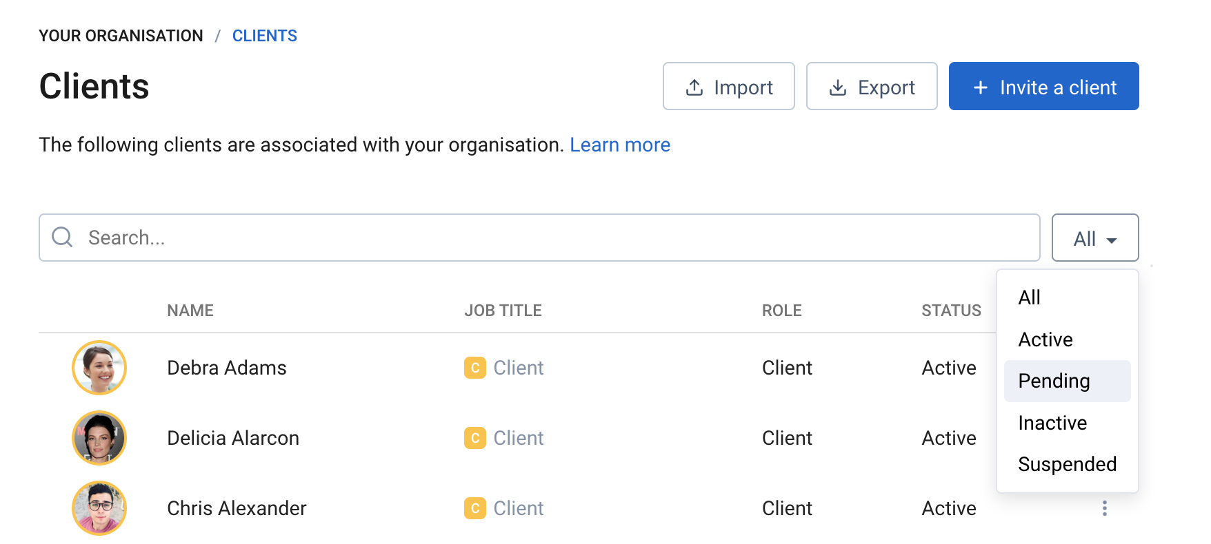 Pending invitations filter