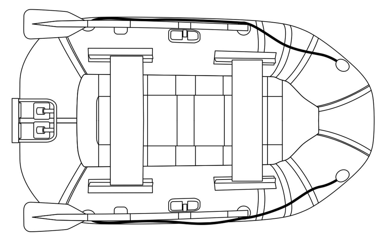 Top-down line drawing of a Boatworld round tail inflatable boat showing two bench seats, oars, floor panels, and fitting layout.