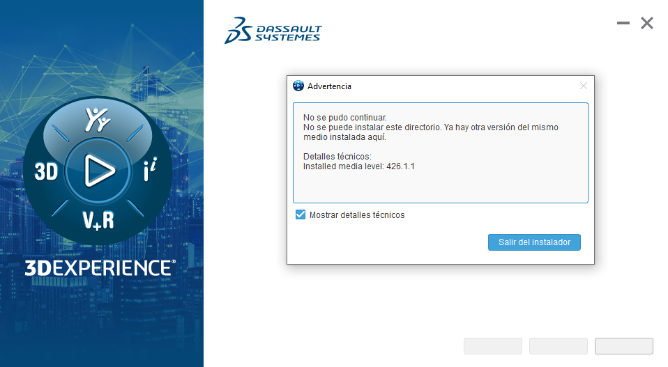 "3DEXPERIENCE encontró una instalación incompleta"