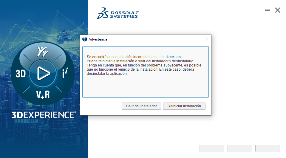 "3DEXPERIENCE encontró una instalación incompleta"