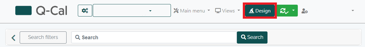 Interface header with 'Q-Cal' logo, main menu, views selection, highlighted 'Design' button, and search bar.