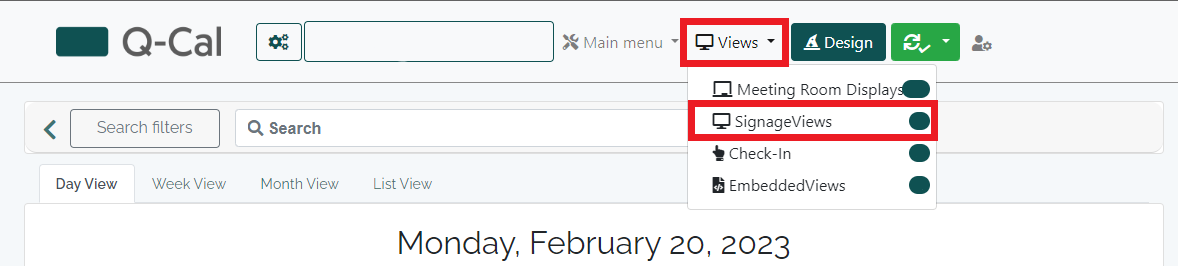 Q-Cal interface showcasing 'Views' dropdown menu with options for Meeting Room Displays and SignageViews, alongside navigation for different calendar views.