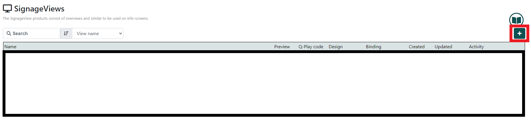 SignageViews management screen with options to search, sort, and add new views, as well as columns for preview, code, design, binding, and activity logs.