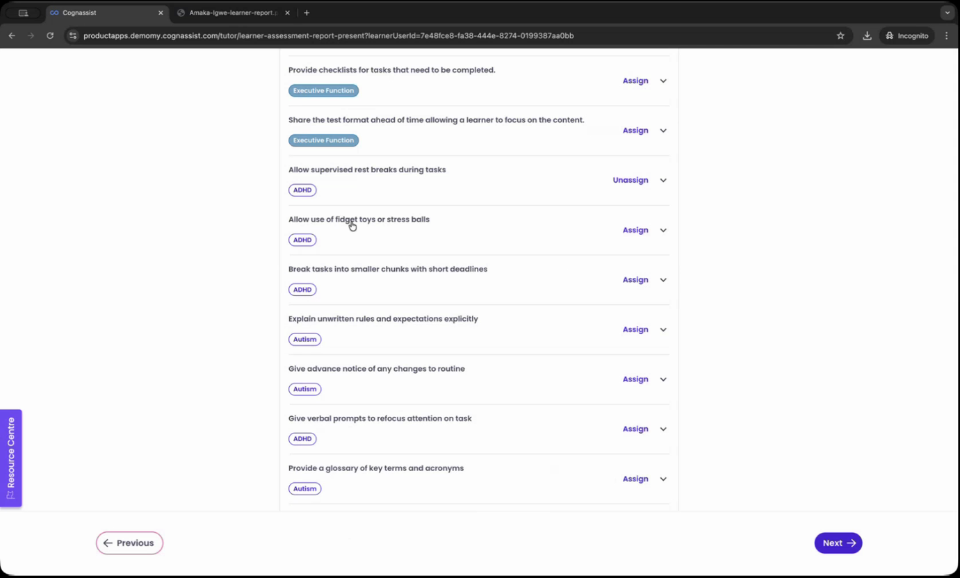 Presentation Mode showing adjustments with Assign and Unassign buttons