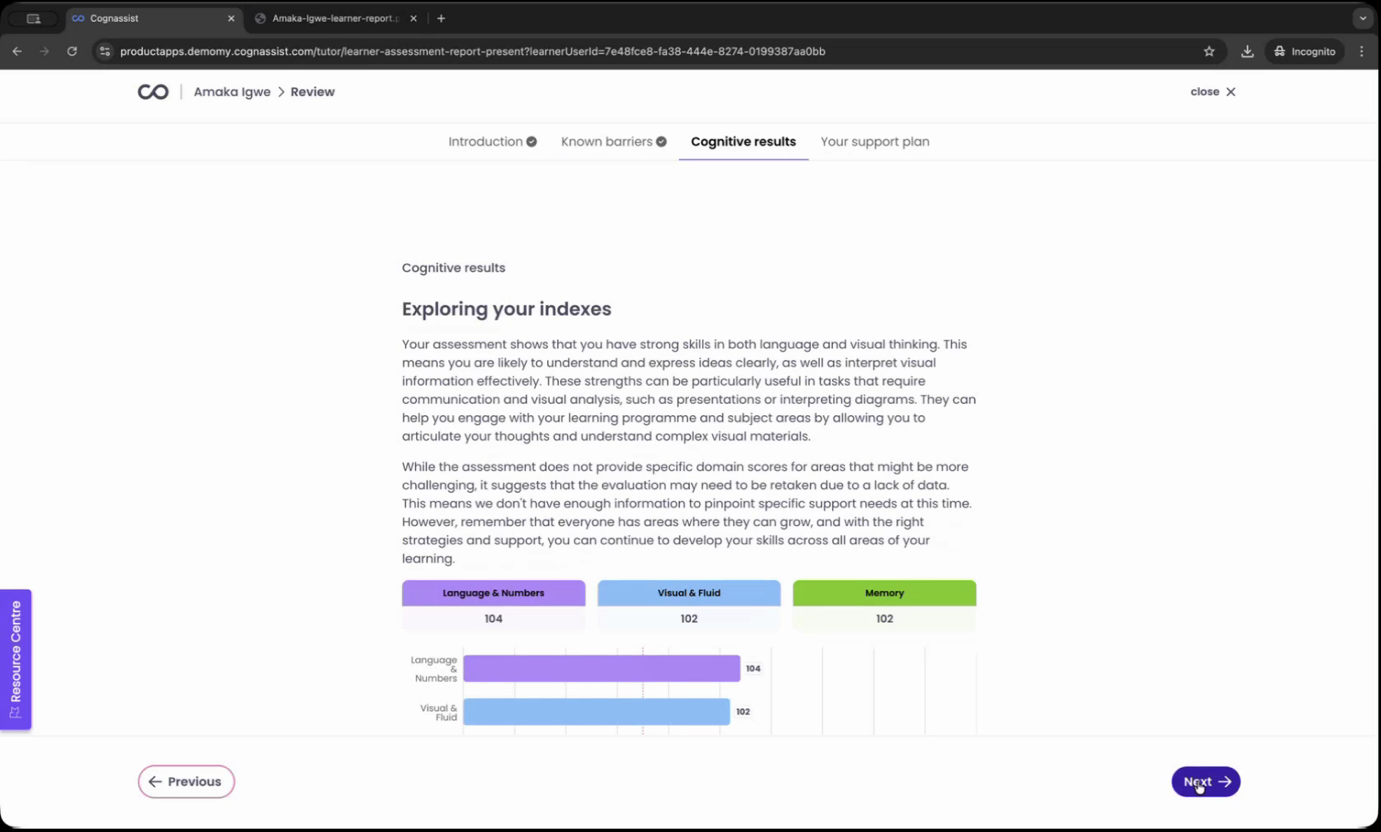 Presentation Mode cognitive results and index scores
