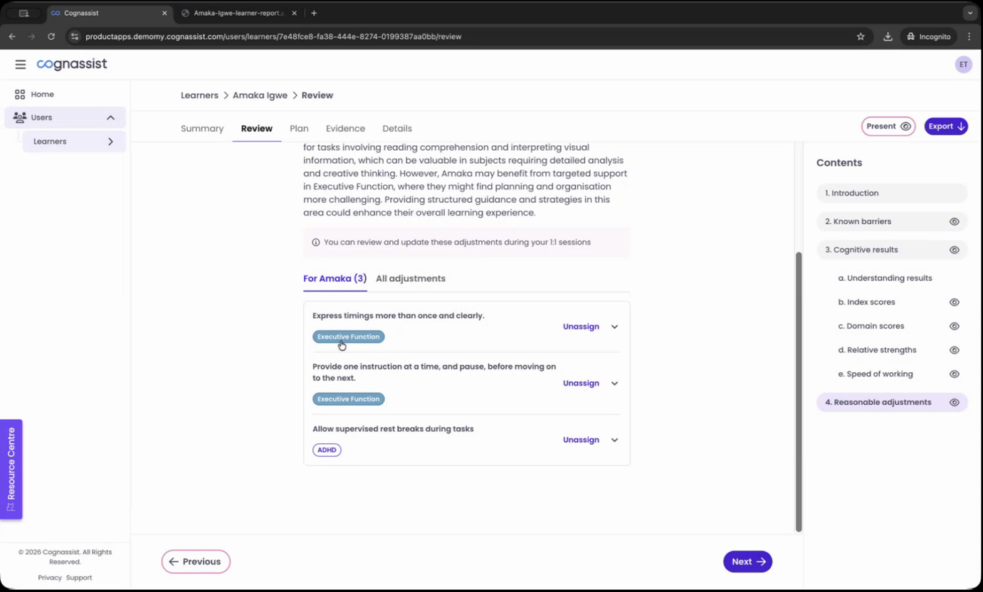 Assigned adjustments on the For Amaka tab