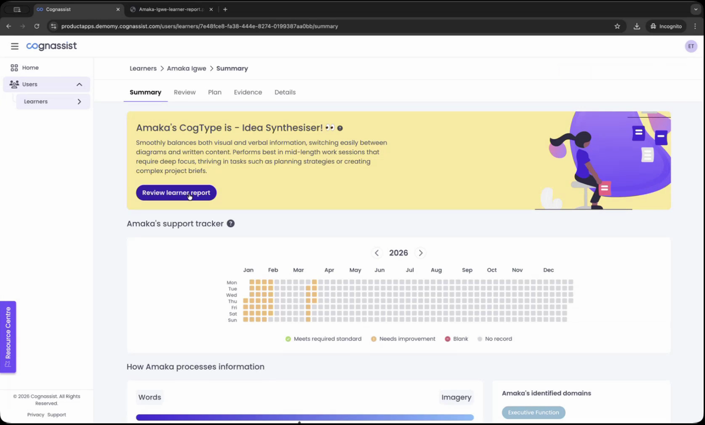 Learner summary profile showing CogType and support tracker