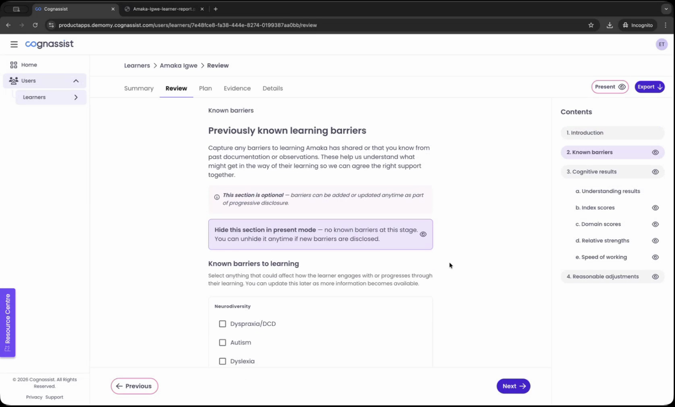 Previously Known Learning Barriers page with neurodiversity checkboxes