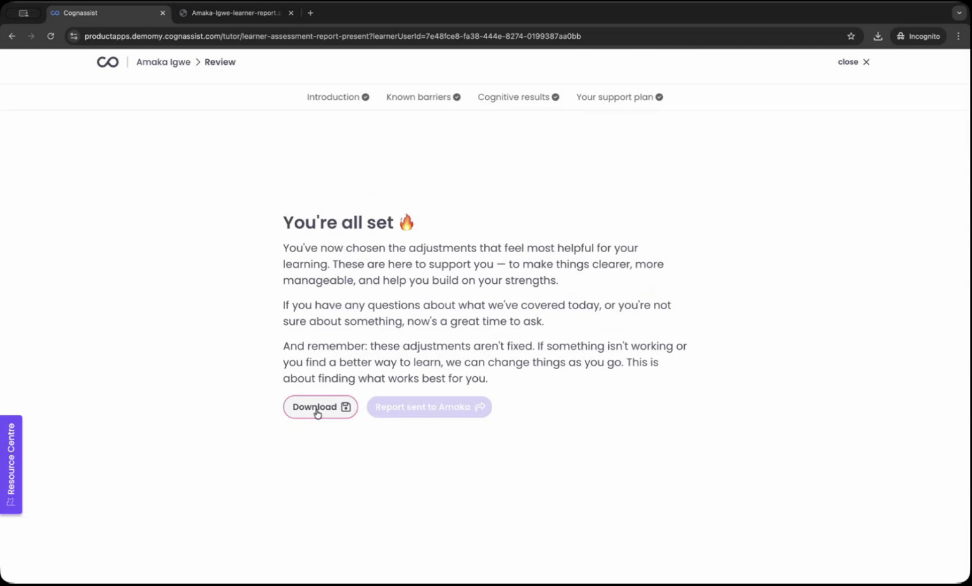 Session completion screen with Download and Export buttons
