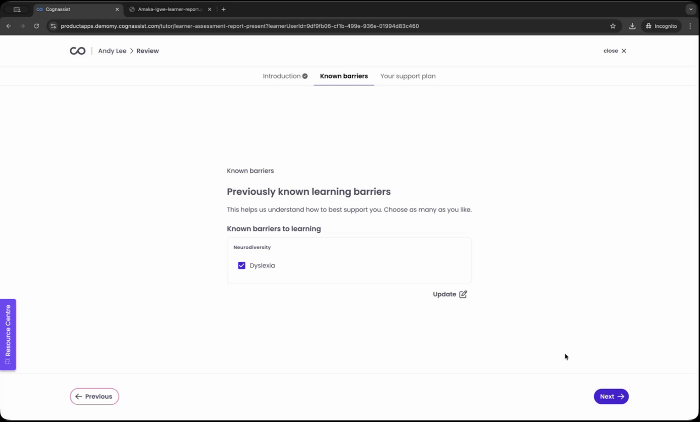Presentation Mode known barriers for unassessed learner showing Dyslexia