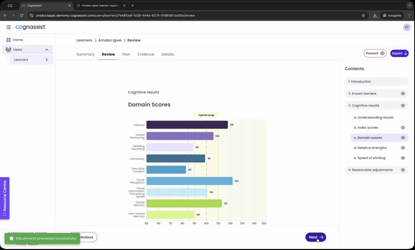 Domain Scores chart showing cognitive assessment results