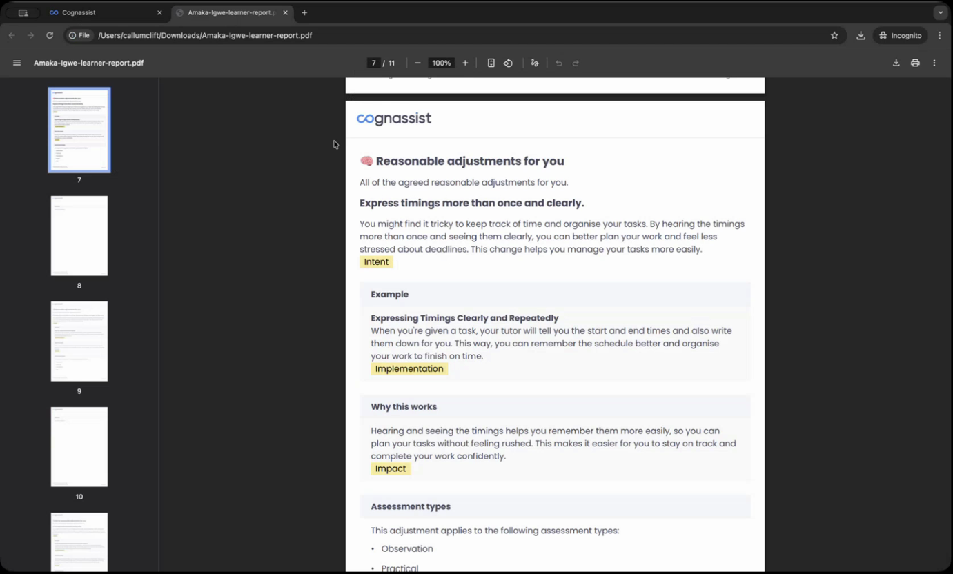 Exported tutor report PDF showing reasonable adjustments