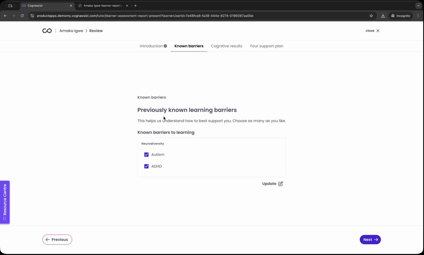 Presentation Mode showing previously known learning barriers with Autism and ADHD selected