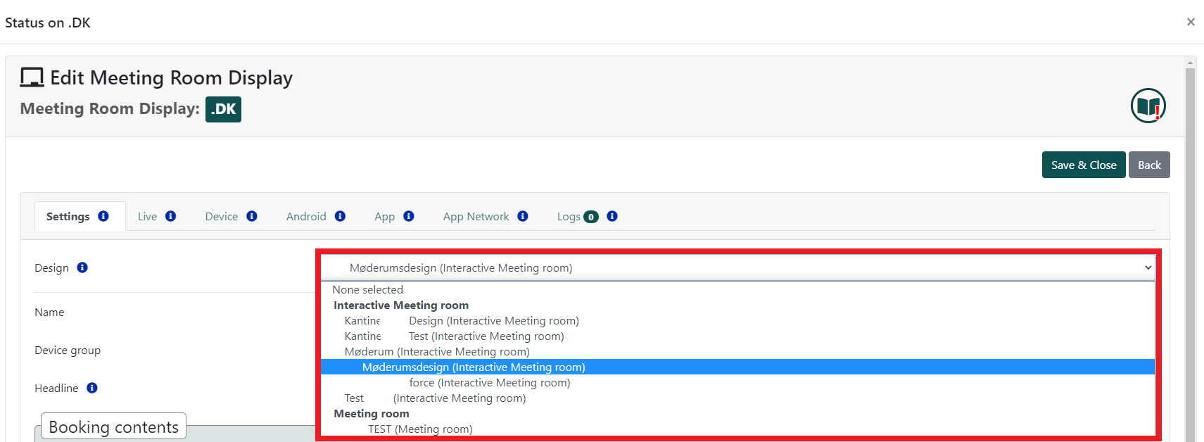 Editing interface for a meeting room display with dropdown menu options for various room configurations such as 'Interactive Meeting room' and 'Test'.