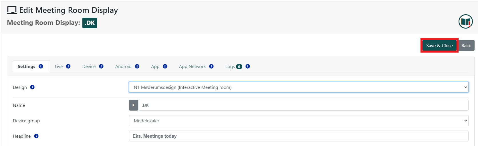 Configuration screen for a meeting room display labeled .DK, with options for design, name, device group, and headline.