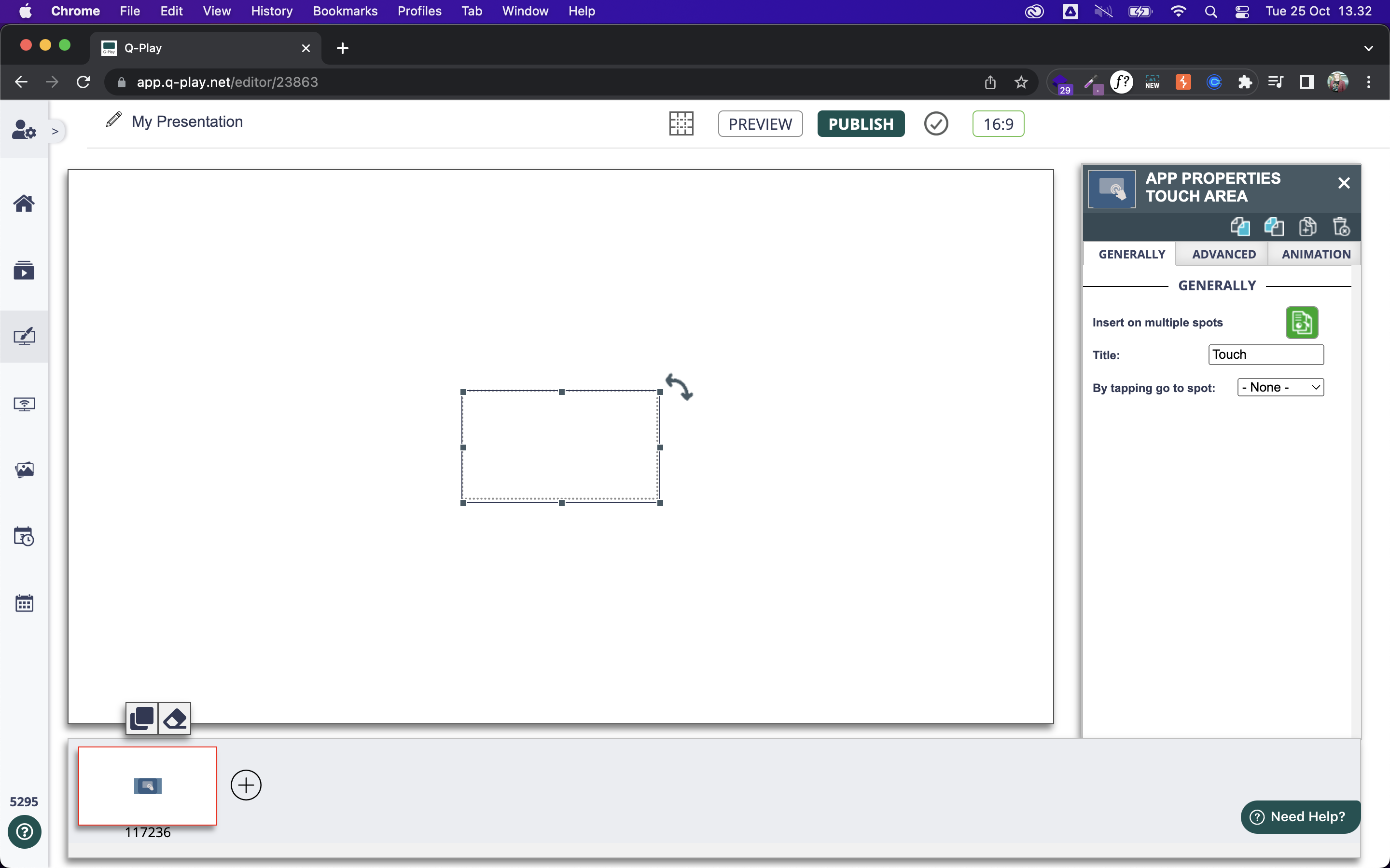 Content management system interface with 'Touch Area' properties open, ready for interactive content placement.