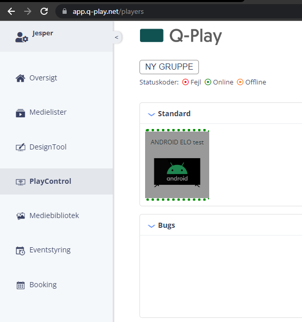 Q-Play interface showing an 'ANDROID ELO test' digital signage player within the 'Standard' group, with status indicators for error, online, and offline states.