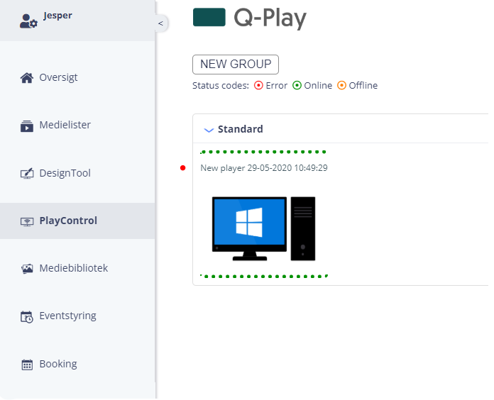 Q-Play screen showing 'Standard' group with one new player connected, indicated by a red error status and a timestamp.